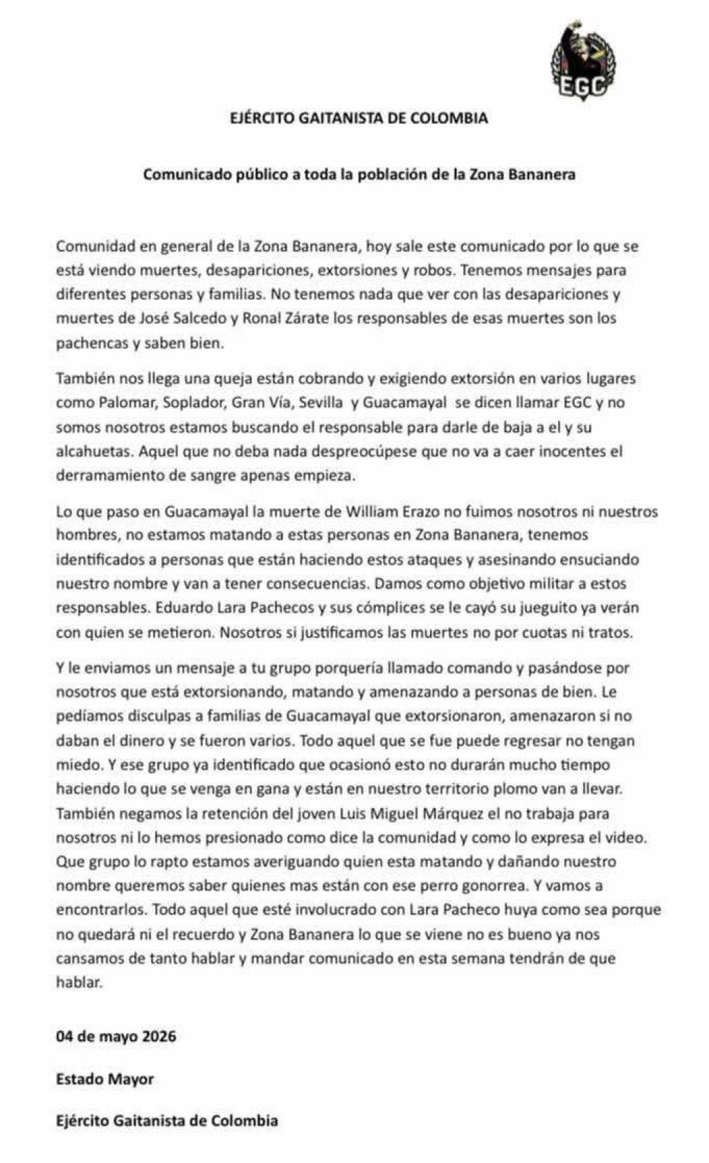 “No tenemos nada que ver con las muertes y a los verdaderos culpables los estamos buscando”: ‘Clan del Golfo’ lanza amenazas que generan temor en la Zona Bananera