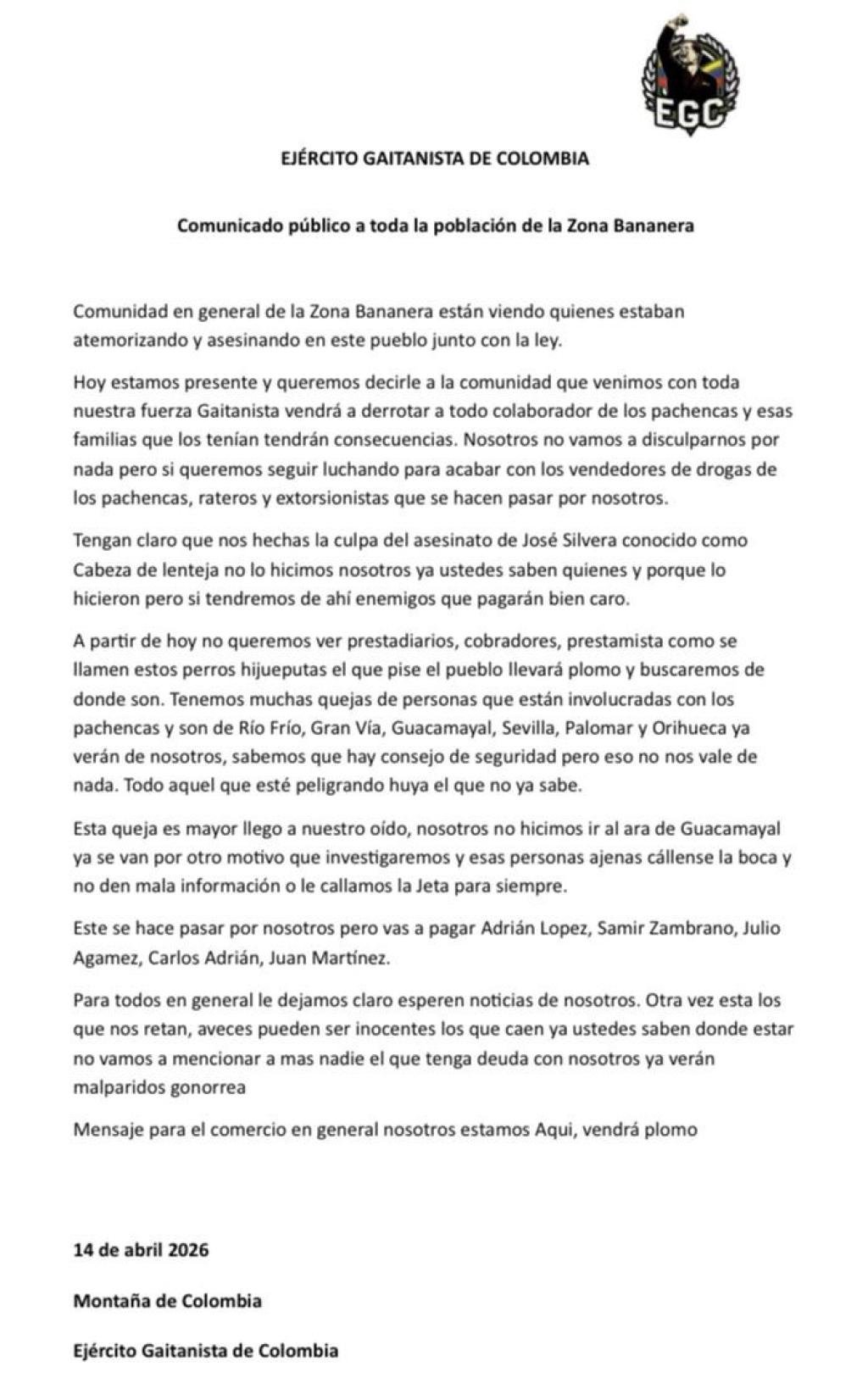 “Nosotros estamos aquí, vendrá plomo”: el mensaje intimidante del ‘Clan del Golfo’ a la población de la Zona Bananera