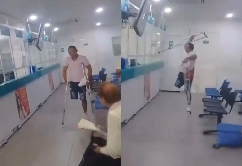 Cansado de la falta de medicamentos, paciente sin una pierna destroza dispensario con su muleta en Santa Marta