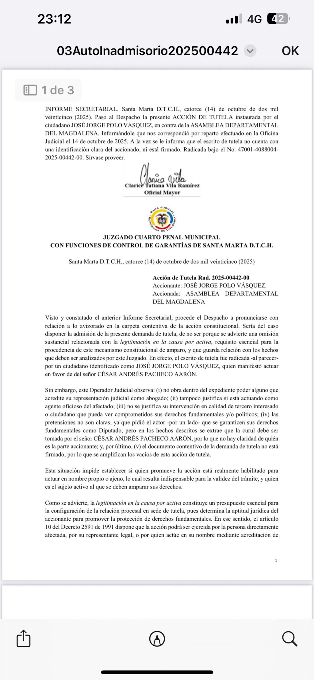Juzgado inadmite tutela que buscaba suspender proceso de elección del contralor departamental  y ordenar posesión de César Pacheco en la Asamblea del Magdalena